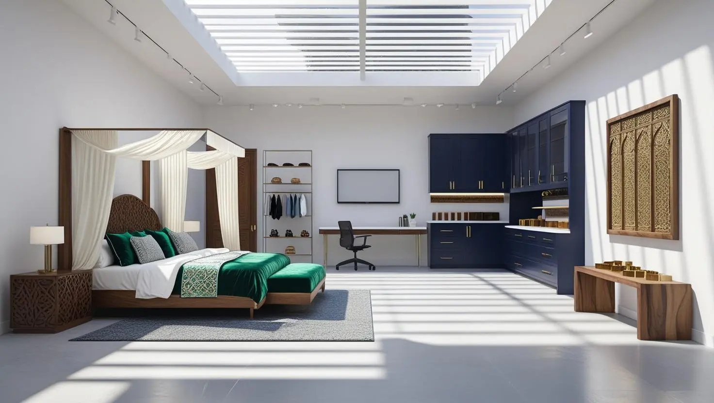 Immaculate white minimalist showroom with polished concrete floors and floor-to-ceiling windows. Sunlight floods the space, highlighting distin (1