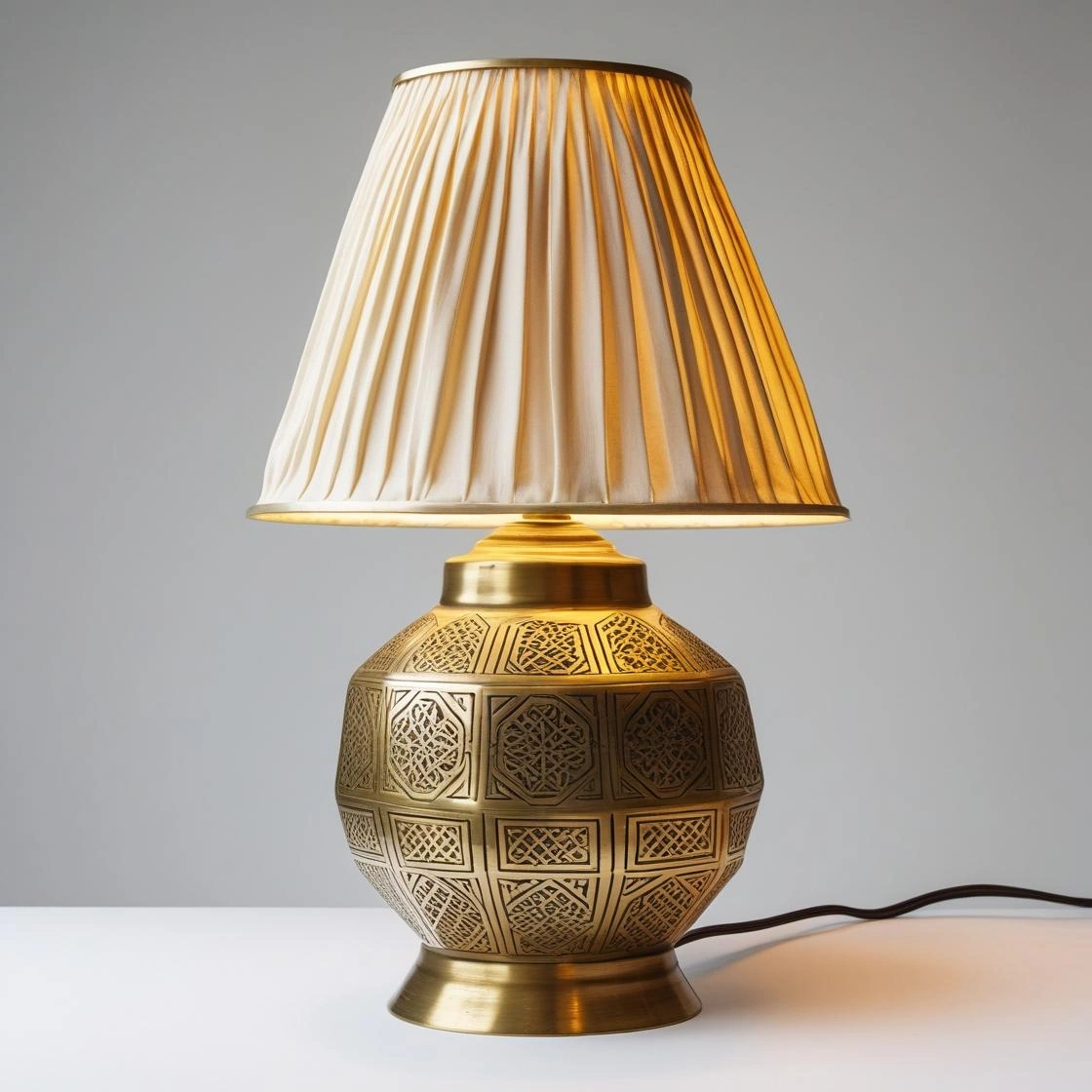 _Hand-forged brass table lamp with intricate Islamic patterns, silk shade, and wa Hand-Forged Brass Table Lamps - Pakistani Artisan Collection - Image 1