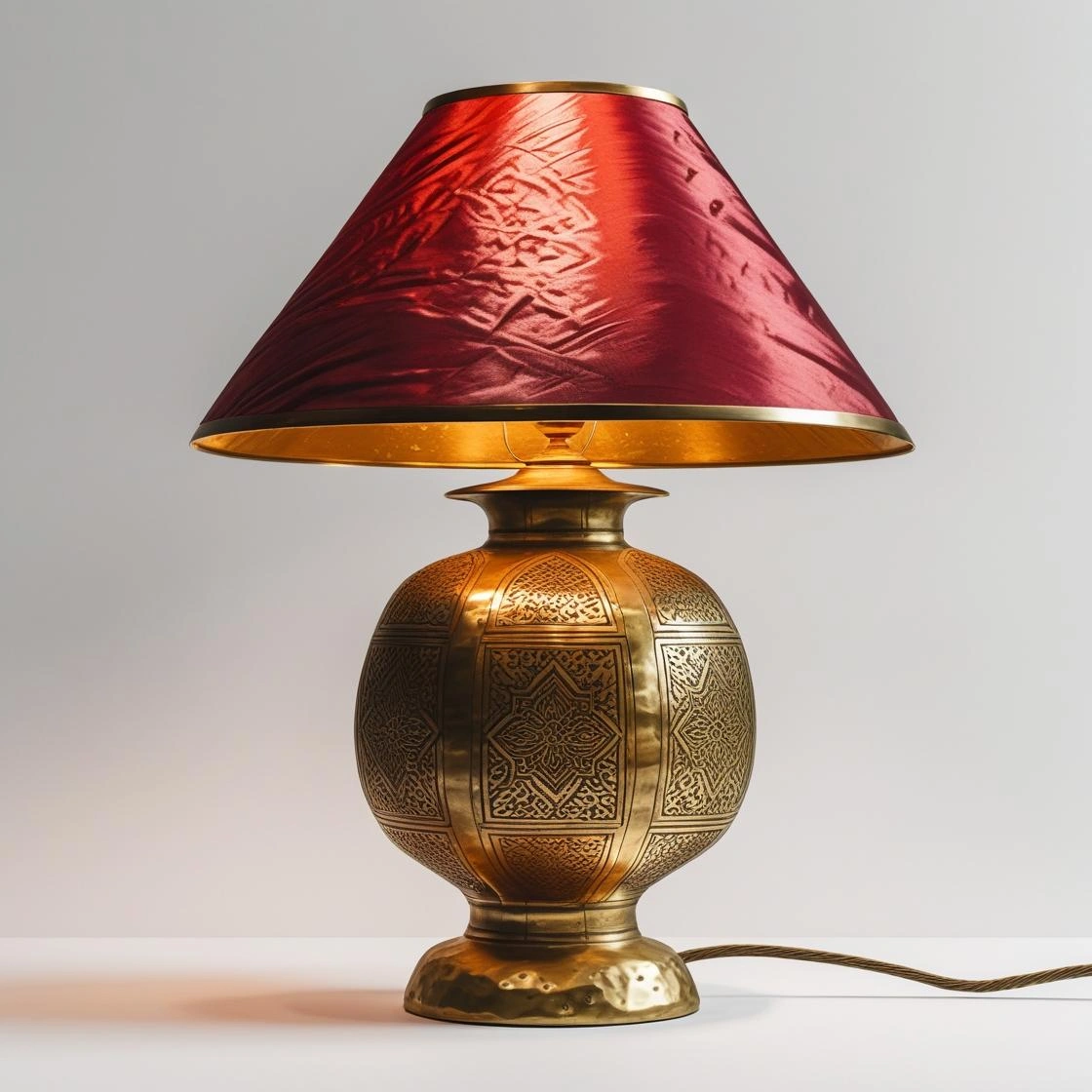 _Hand-forged brass table lamp with intricate Islamic patterns, silk shade, and warm glo (2) Hand-Forged Brass Table Lamps - Pakistani Artisan Collection - Image 4