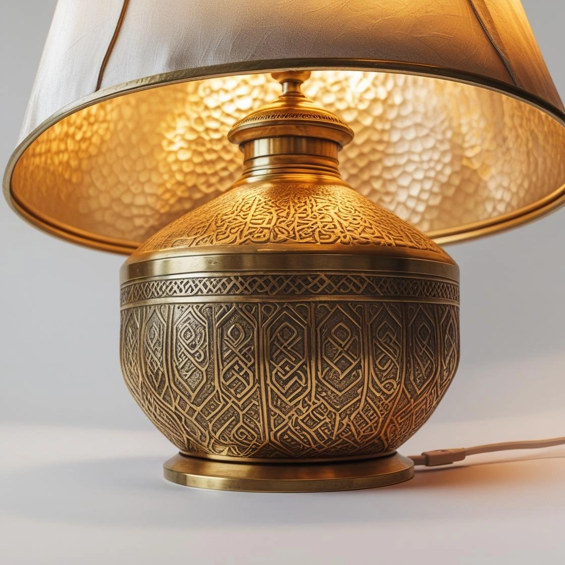 _Hand-forged brass table lamp with intricate Islamic patterns, silk shade, and warm glo Hand-Forged Brass Table Lamps - Pakistani Artisan Collection - Image 3