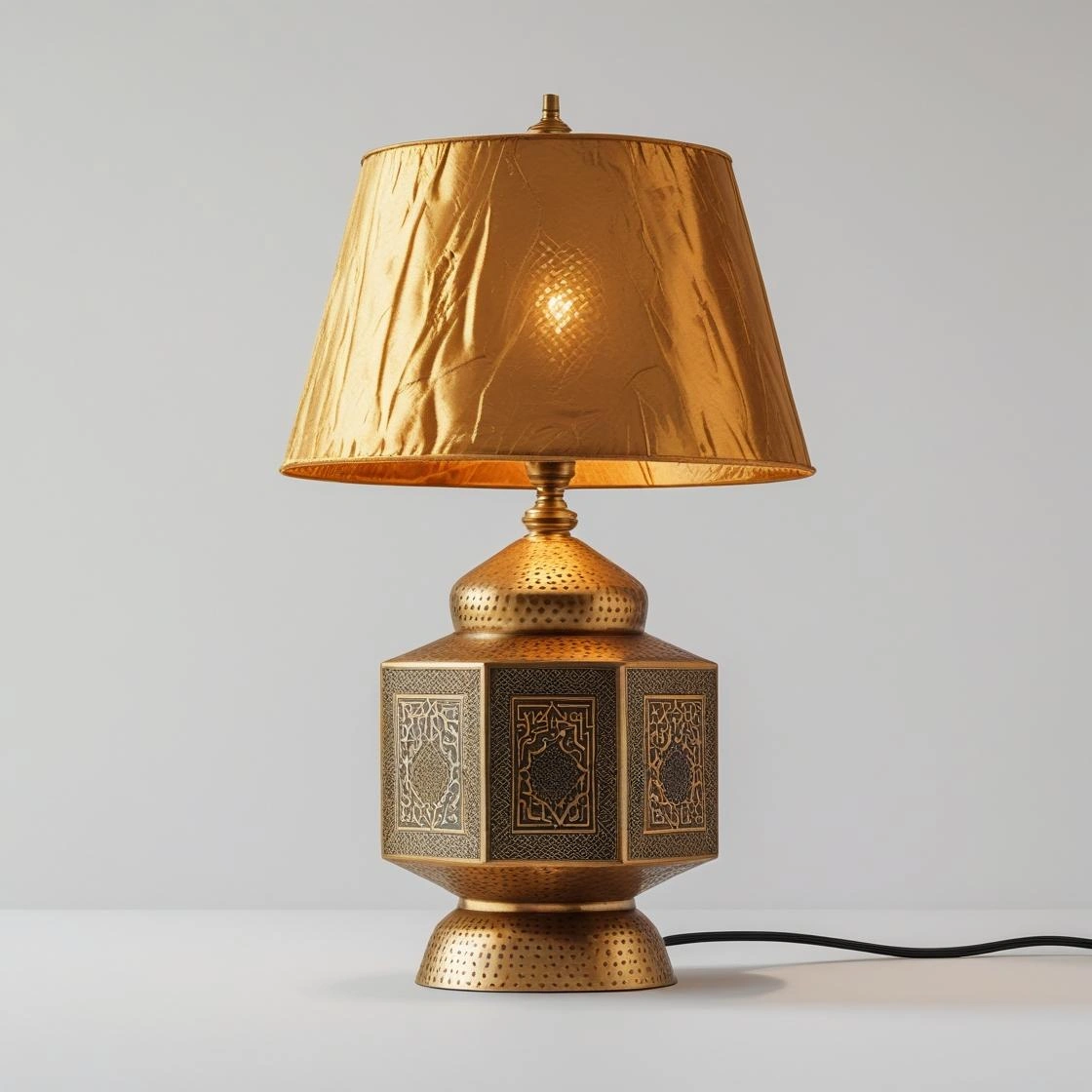 _Hand-forged brass table lamp with intricate Islamic patterns, silk shade, and warm Hand-Forged Brass Table Lamps - Pakistani Artisan Collection - Image 2