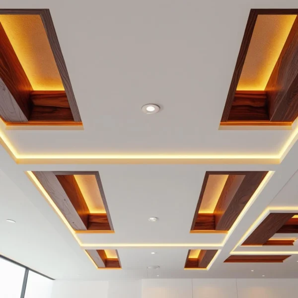 Cove Lighting False Ceiling with Wooden Beam Accents