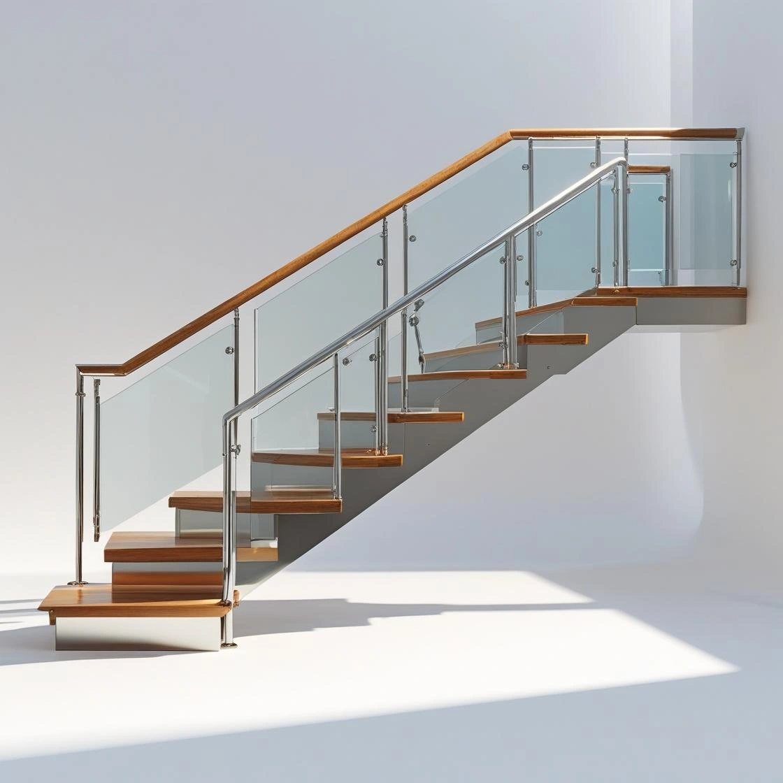Modern stainless steel stair railing with clear glass panels and wood ha Modern SS Stair Railings with Glass Panels & Wood Handrails - Image 3