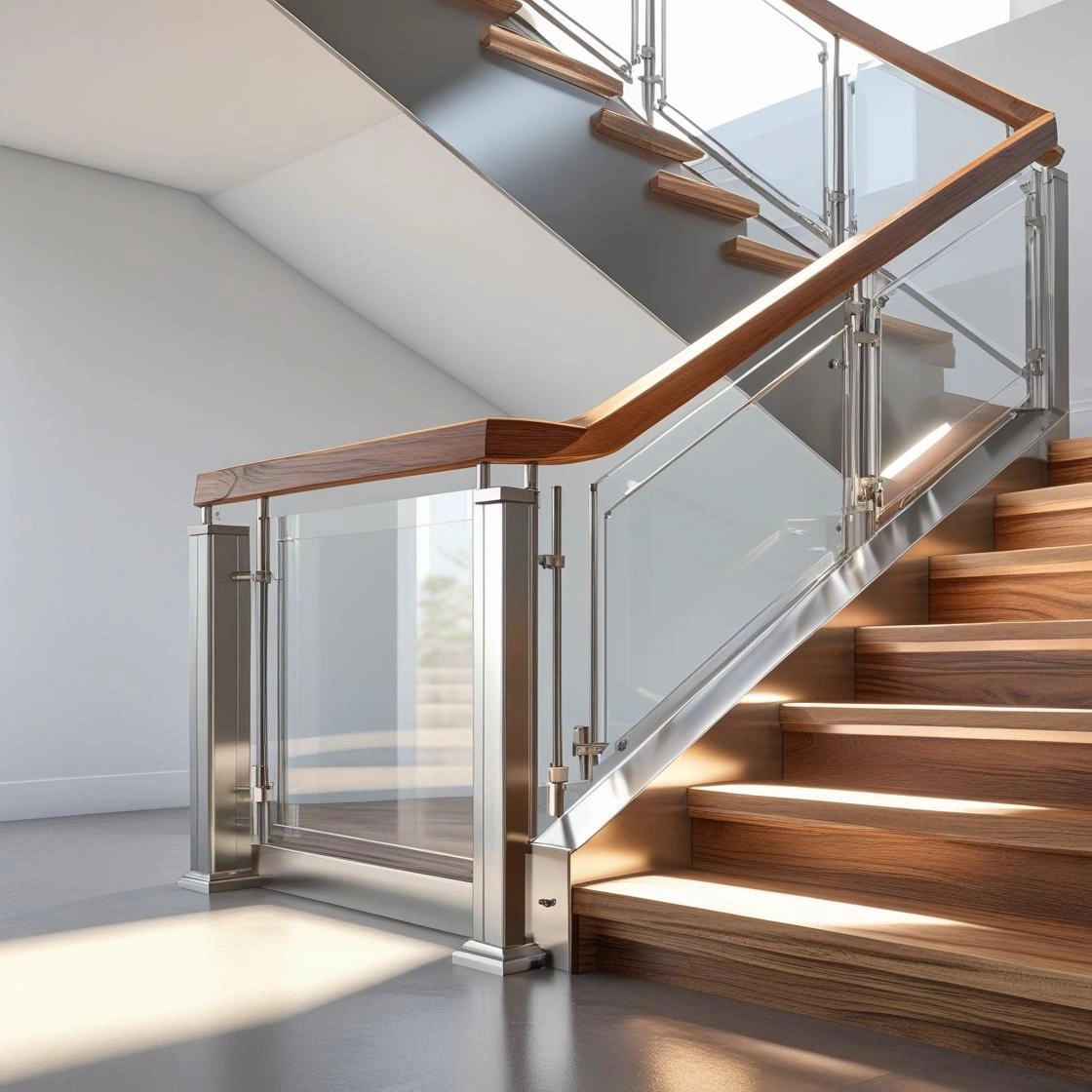 Modern stainless steel stair railing with clear glass panels and wood han Modern SS Stair Railings with Glass Panels & Wood Handrails - Image 4