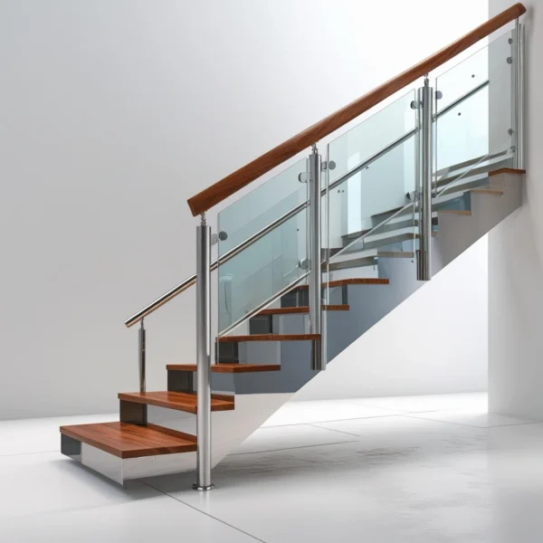 Modern SS Stair Railings with Glass Panels & Wood Handrails