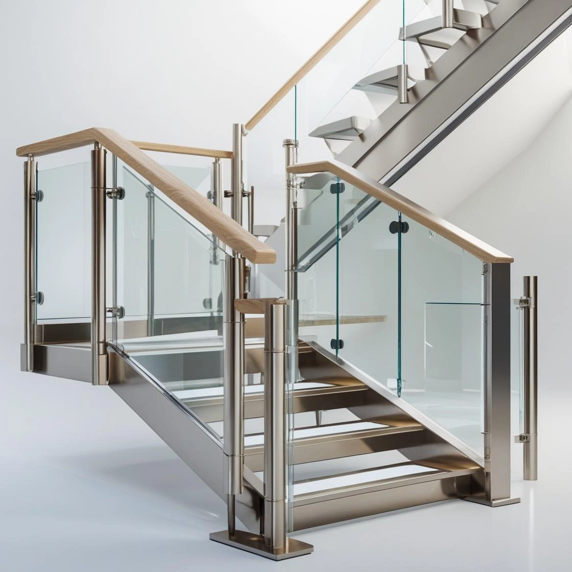 Modern stainless steel stair railing with clear glass panels and wood handrail in contempo Modern SS Stair Railings with Glass Panels & Wood Handrails - Image 2