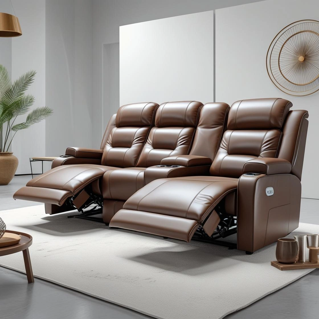 _Professional product photography_ Premium brown leather recliner sofa set (3+1+1) with Ottoman in modern P (2) Premium Leather Recliner Sofa Set with Ottoman (3+1+1) - Image 2