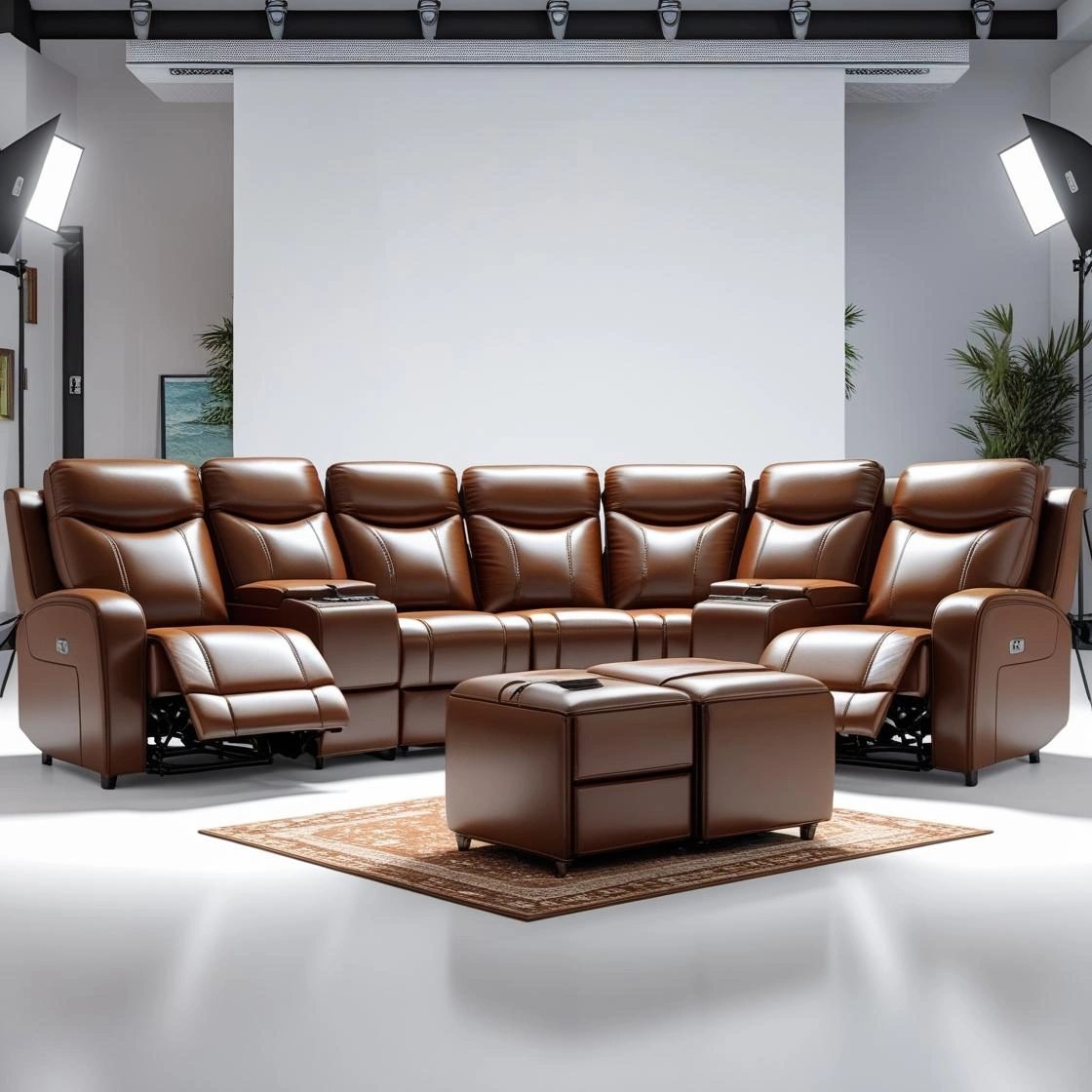 _Professional product photography_ Premium brown leather recliner sofa set (3+1+1) with Ottoman in modern P Premium Leather Recliner Sofa Set with Ottoman (3+1+1) - Image 3
