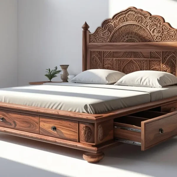 Handcrafted Sheesham Wood Floating Bed with Hidden Storage