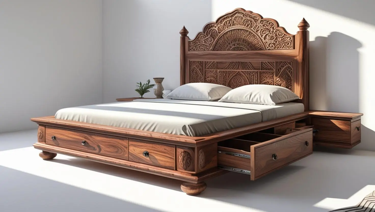 Professional product shot_ Handcrafted Sheesham Handcrafted Sheesham Wood Floating Bed with Hidden Storage - Image 1