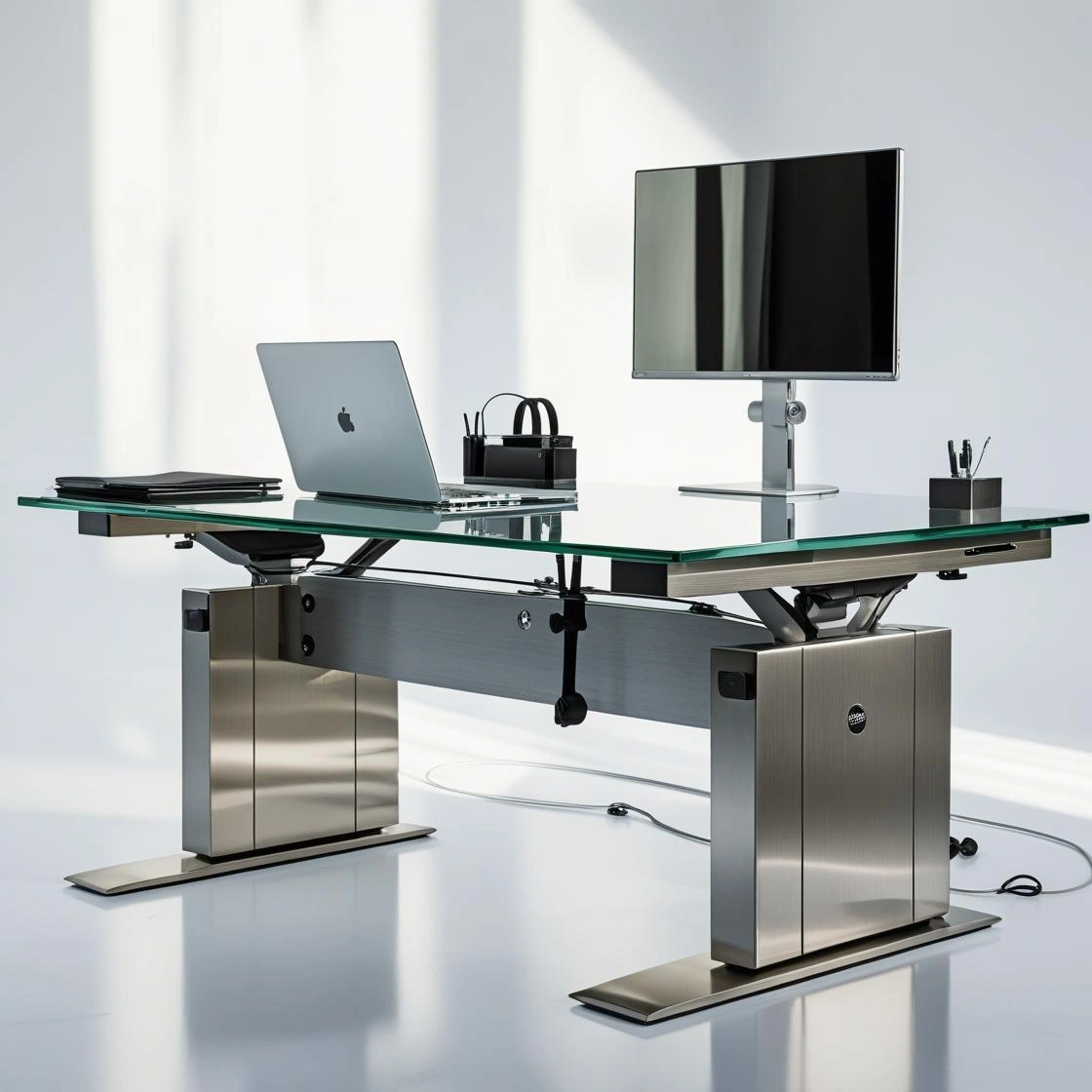_Professional product shot_ Modern ergonomic glass and steel executive desk showin Ergonomic Glass & Steel Executive Office Desk - Image 3