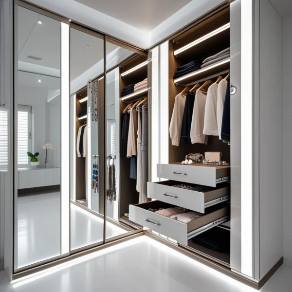 Sensor-Light Walk-In Wardrobe with Mirror Panels
