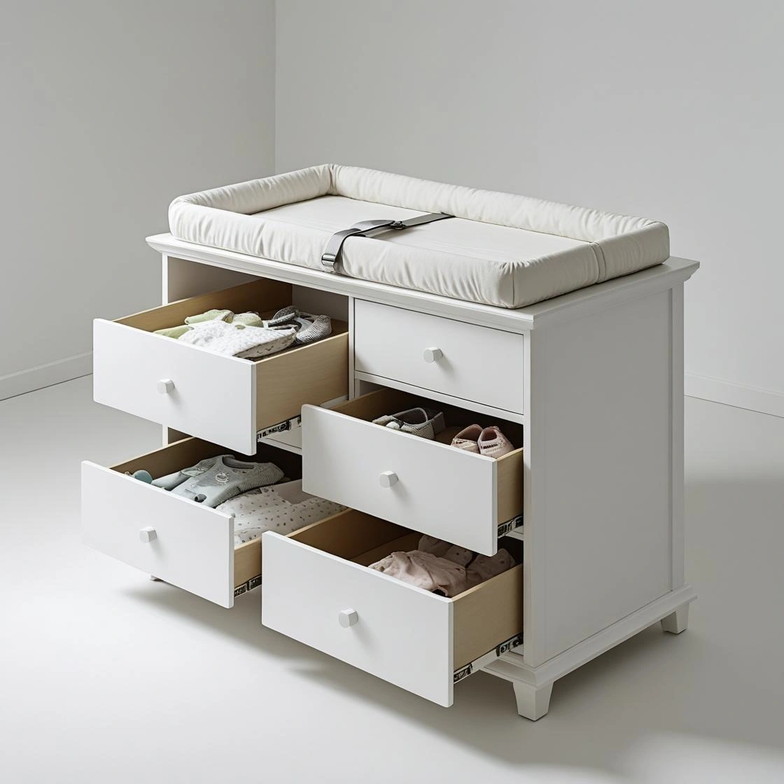 baby dresser with changing table showing organic pad and safety strap, drawers partial Anti-Toxic Baby Dresser with Changing Table - Image 2
